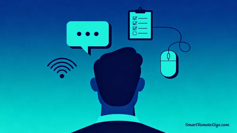 Illustration of a person's silhouette with icons for communication, organization, and technology floating around their head, representing transferable skills for remote jobs.