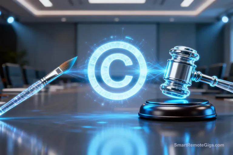 A paintbrush and a judge's gavel creating a copyright symbol, representing the guide to using AI-generated images commercially.