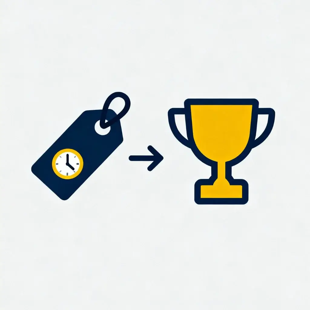 An icon showing a price tag transitioning from a small clock symbol to a larger trophy symbol, representing the shift to value-based pricing.