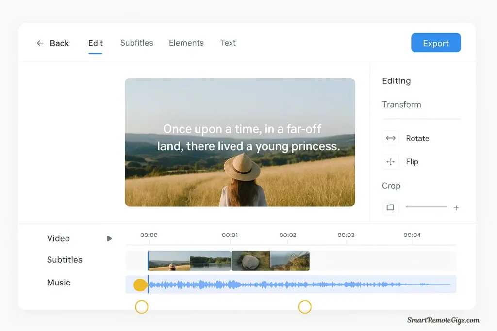 A screenshot of the Veed.io editor showing a faceless video being polished with auto-subtitles, background music, and text overlays.