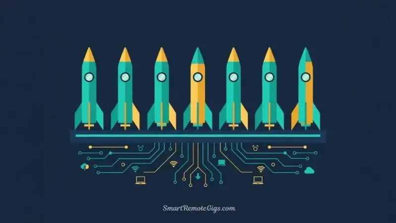 An illustration of a launchpad with seven rockets ready to take off, symbolizing the seven vetted, immediate-start job opportunities.