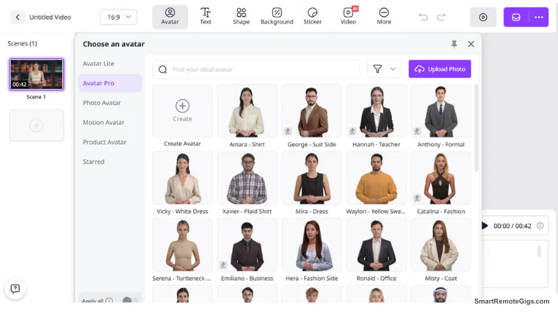 A screenshot of the Vidnoz platform showcasing its library of premium "Pro" AI avatars available on paid plans.