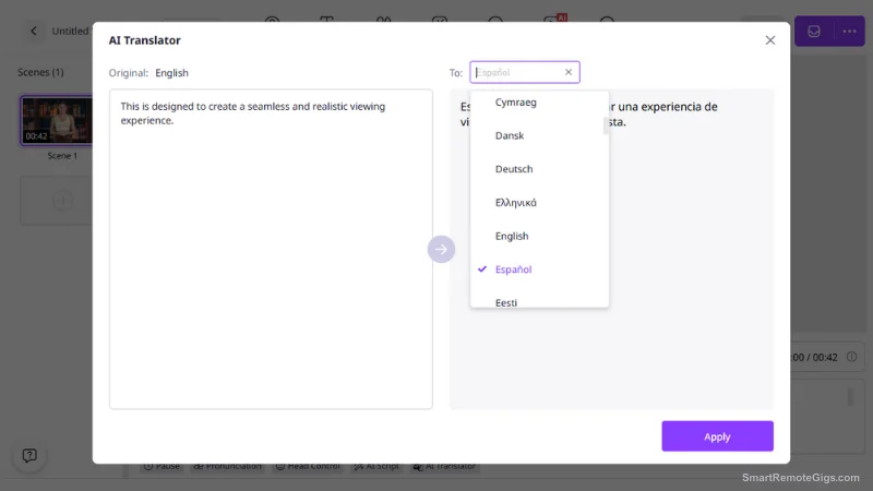 A screenshot of the Vidnoz AI Video Translator tool, showing the interface for uploading a video and selecting a target language for translation and lip-syncing.
