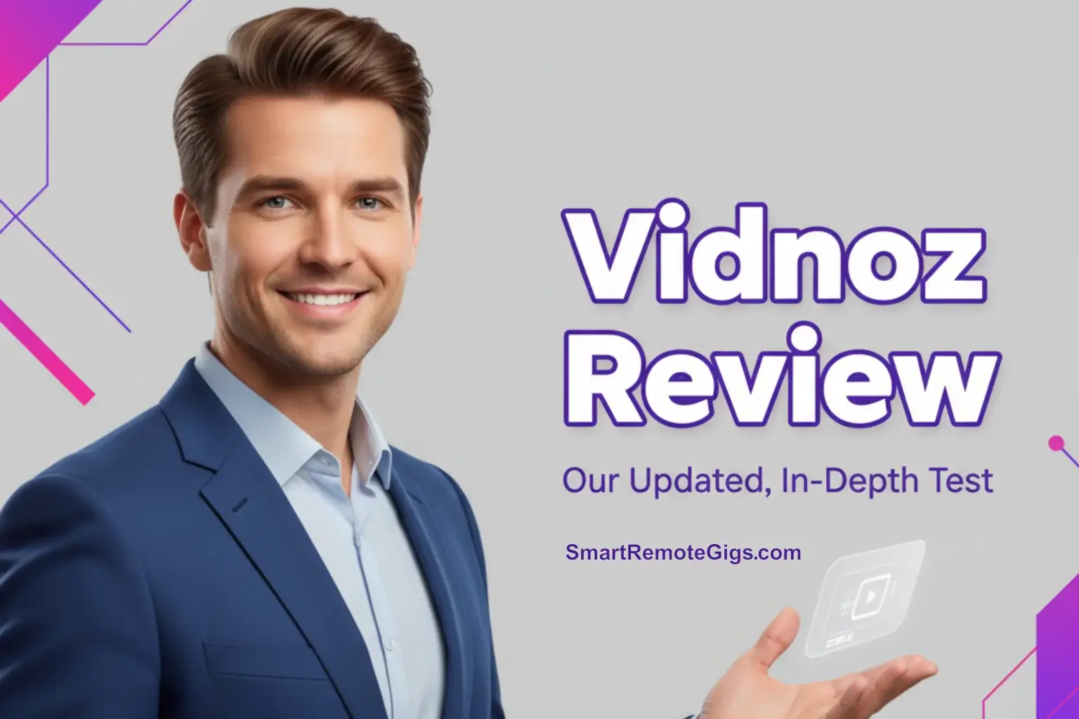 A hero image for the updated Vidnoz review, showing a professional Vidnoz AI avatar next to the text "Vidnoz Review: The In-Depth Test".