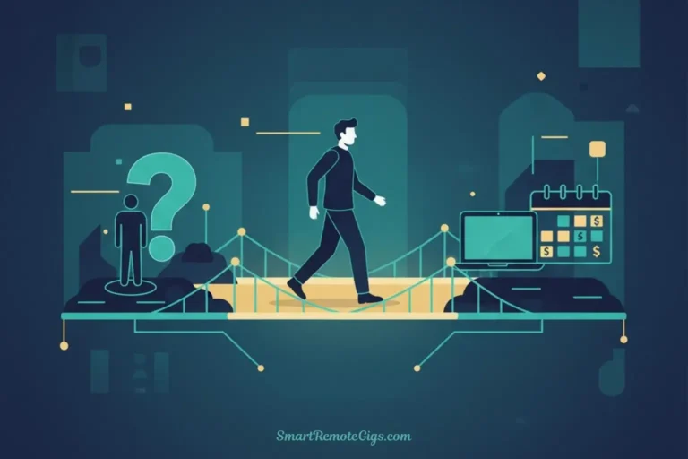 An illustration of a person confidently crossing a digital bridge from a side labeled 'No Experience' to a side with a laptop and weekly paychecks, symbolizing the path to a remote job.