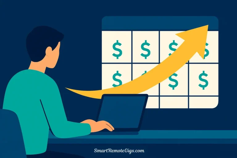 An illustration of a person at a laptop with a calendar behind them showing weekly paychecks, and a large, fast-forward arrow symbolizing an immediate start.