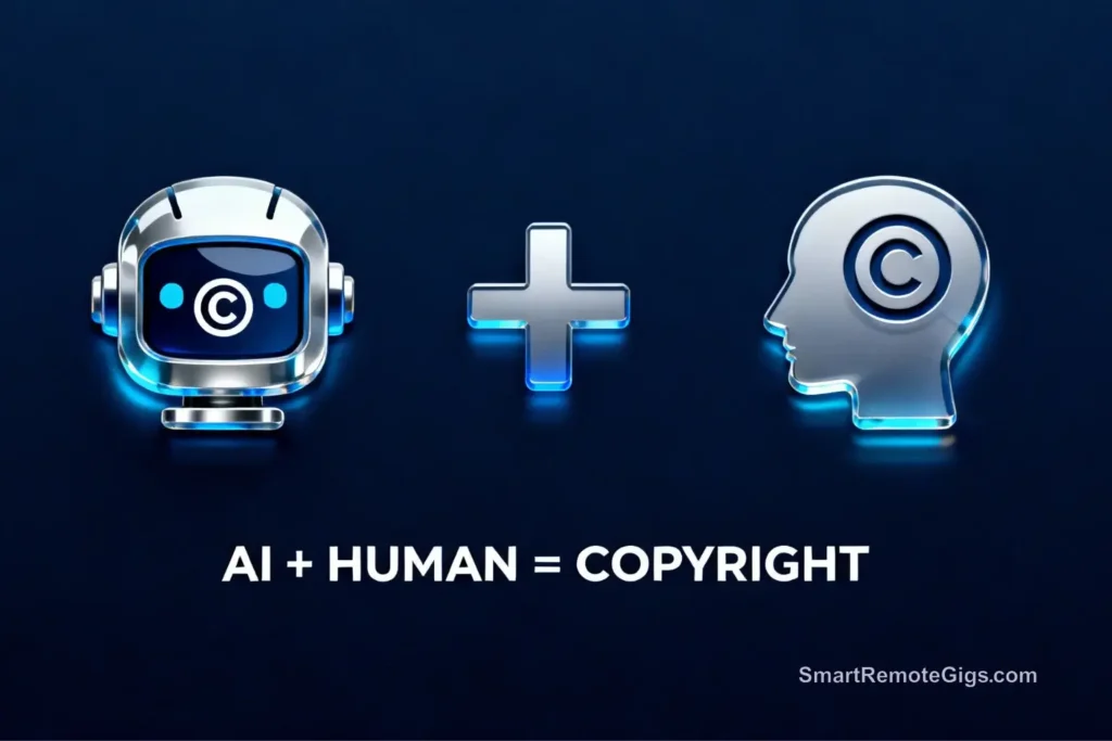 A graphic explaining AI art ownership, showing that a robot's work is public domain, but a robot plus a human can equal a copyrightable work.