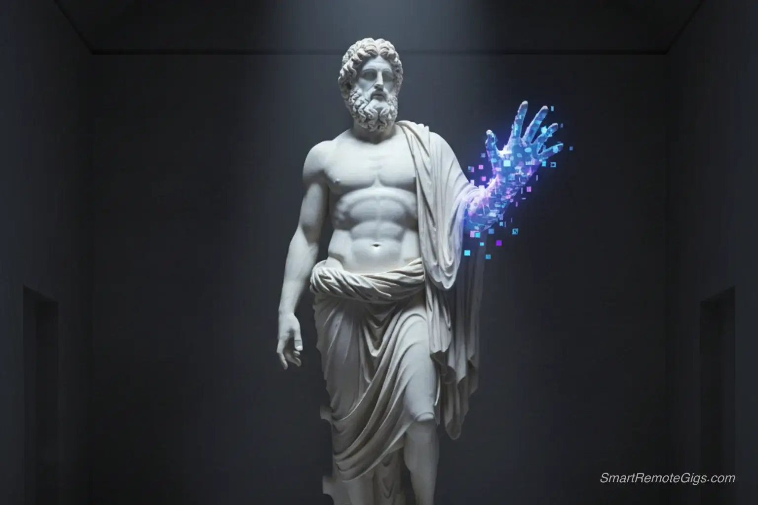 A perfect marble statue with glitching, deformed hands, symbolizing the common problem of why AI art has bad hands.