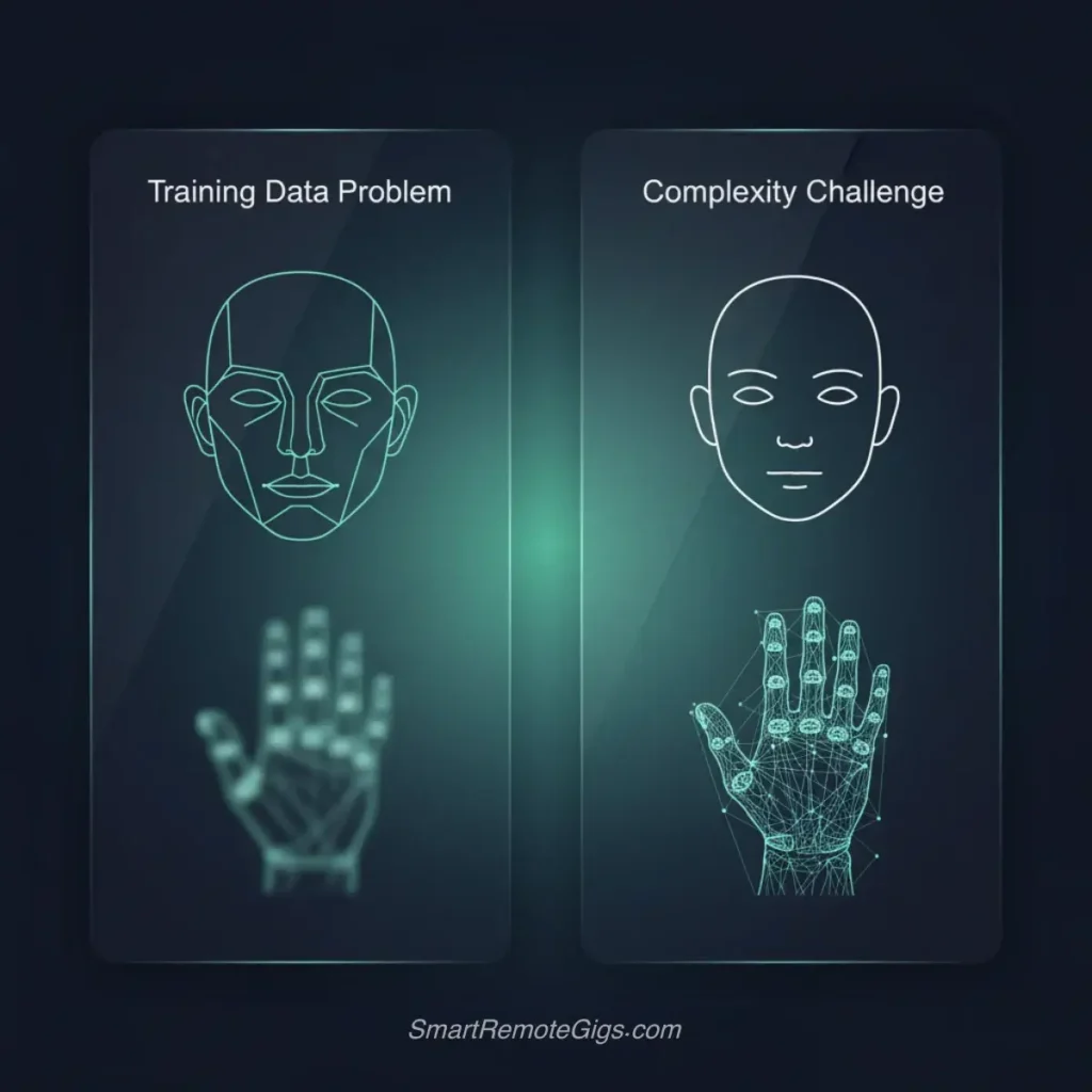 A graphic explaining why AI art has bad hands, showing the training data problem and the complexity challenge of hand anatomy.