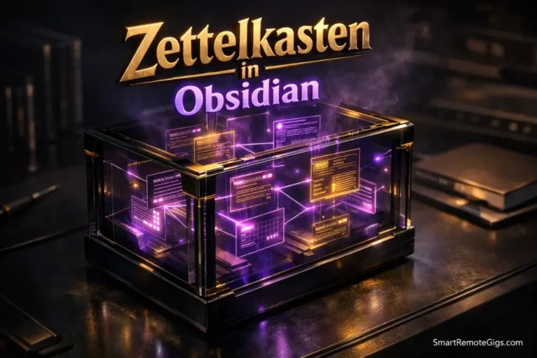 A futuristic glass Zettelkasten box filled with glowing digital notes and connections.
