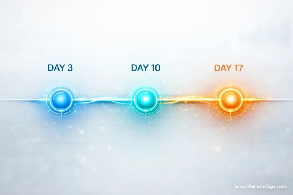 A timeline visualizing the 3-7-7 follow-up cadence strategy for cold emailing.