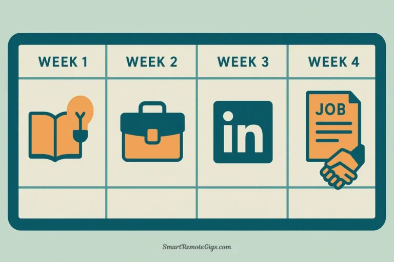 A 4-week calendar with each week showing icons of progress, starting with learning and ending with a job offer, illustrating the plan to land a remote social media job.