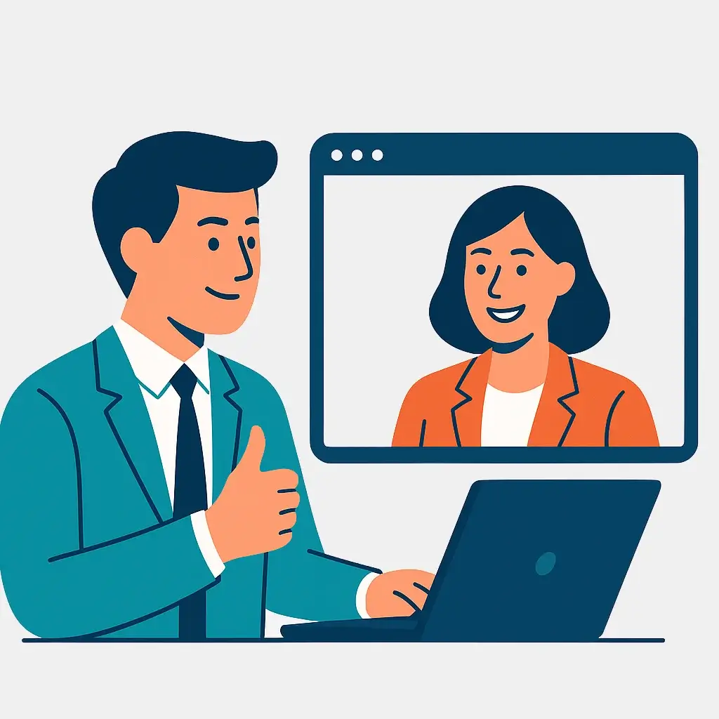 A project manager confidently aces a remote job interview via video call, representing the final step of the guide.