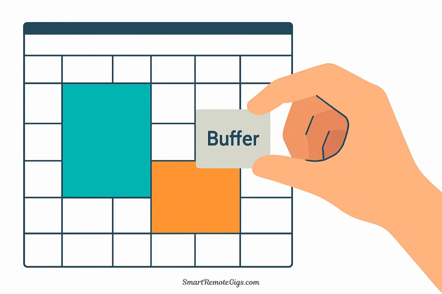 A vector illustration of a nearly full time-blocked calendar, with a hand inserting a light gray 'Buffer Time' block between two large project blocks.