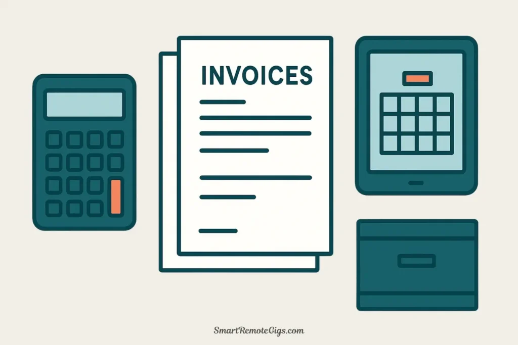 A top-down vector illustration of a desk with items for an admin batch, including a calculator, invoices, a calendar, and an email icon on a screen.