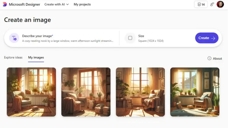Screenshot showing four AI-generated images of a 'cozy reading nook,' demonstrating the variations a beginner can expect from their first prompt.
