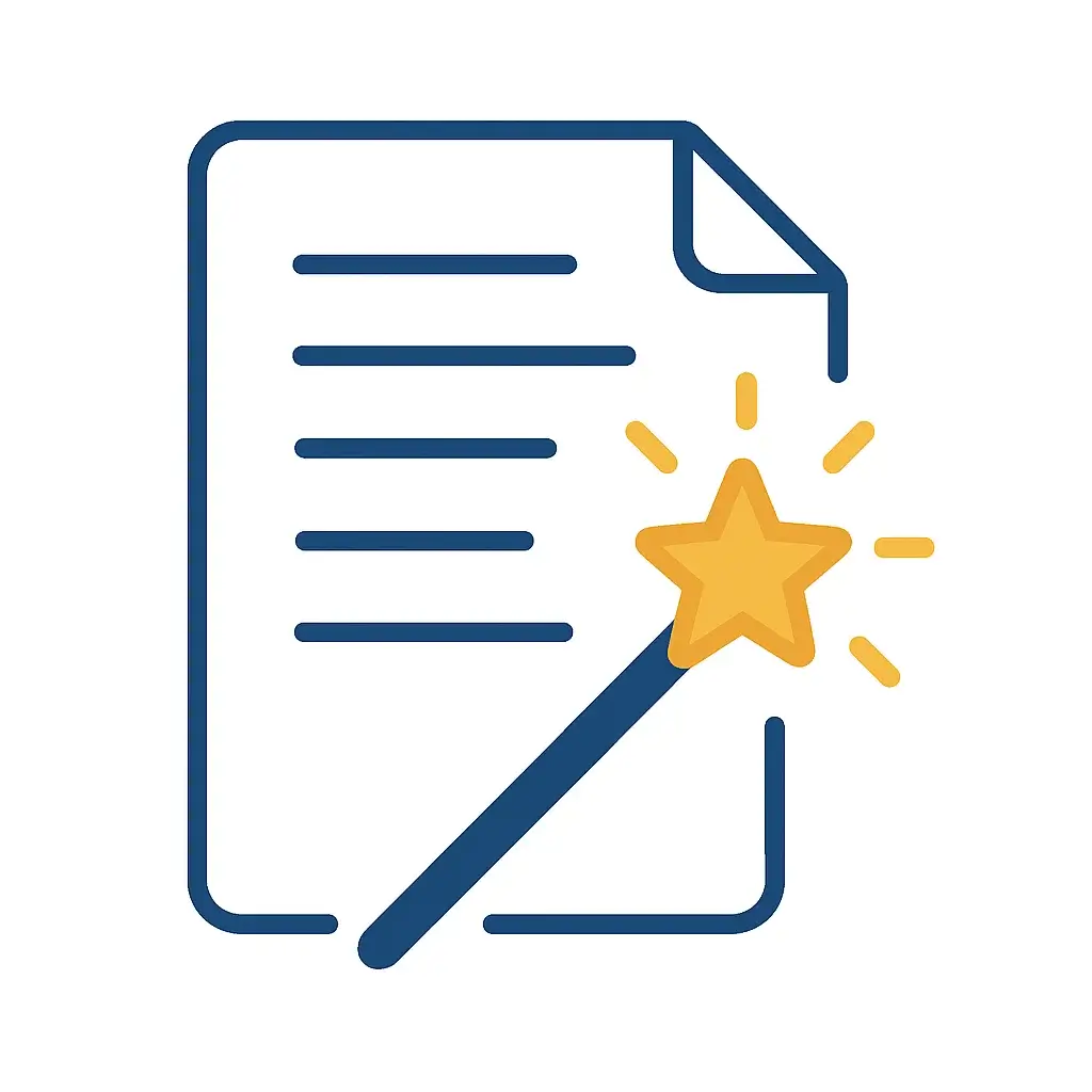 Step 2 of the AI social media workflow: An icon of a magic wand writing on a document, representing AI-powered copywriting.