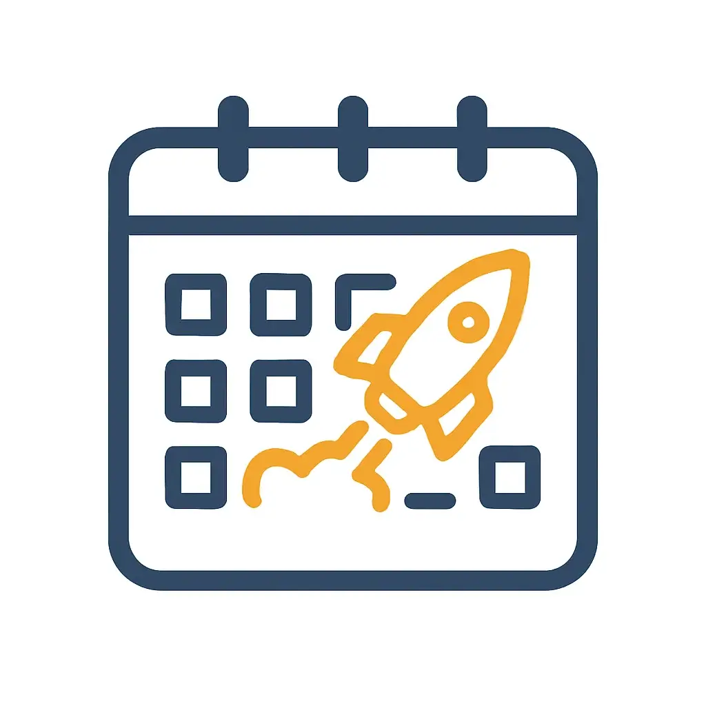 Step 5 of the AI social media workflow: An icon of a rocket launching from a calendar, representing automated post scheduling.