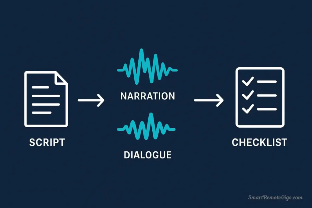 A clean infographic showing icons for a script, two different soundwaves, and a checklist, representing the methodology for testing AI voice realism.