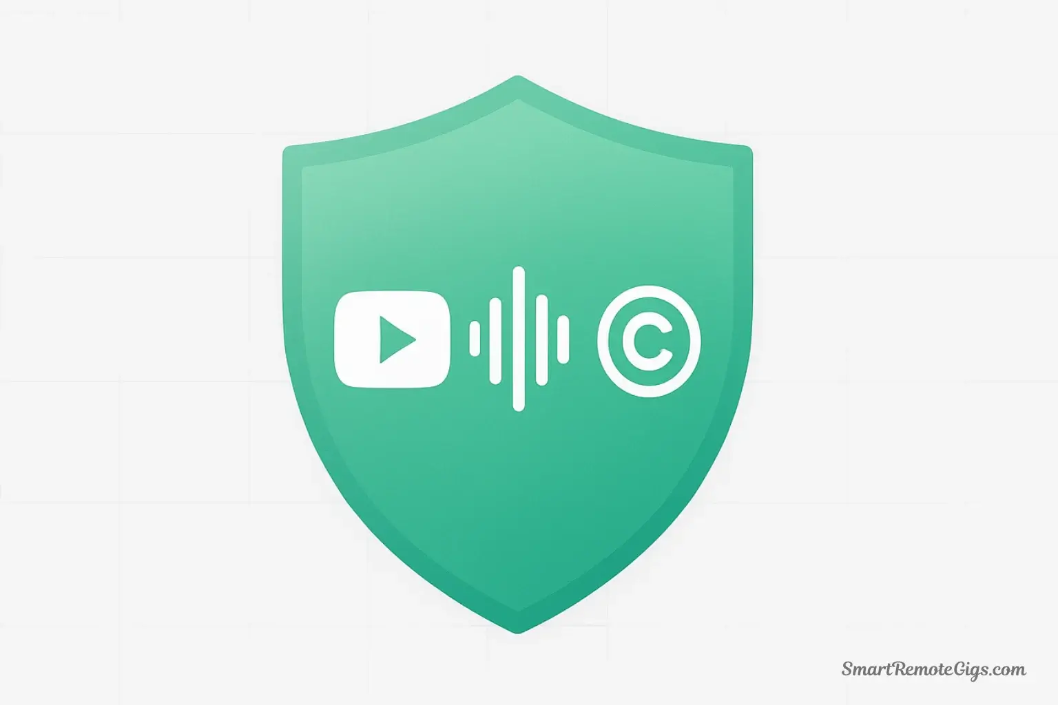 An illustration showing the YouTube logo, a soundwave icon, and a copyright symbol protected by a digital shield, representing the guide to using AI voices on YouTube safely.