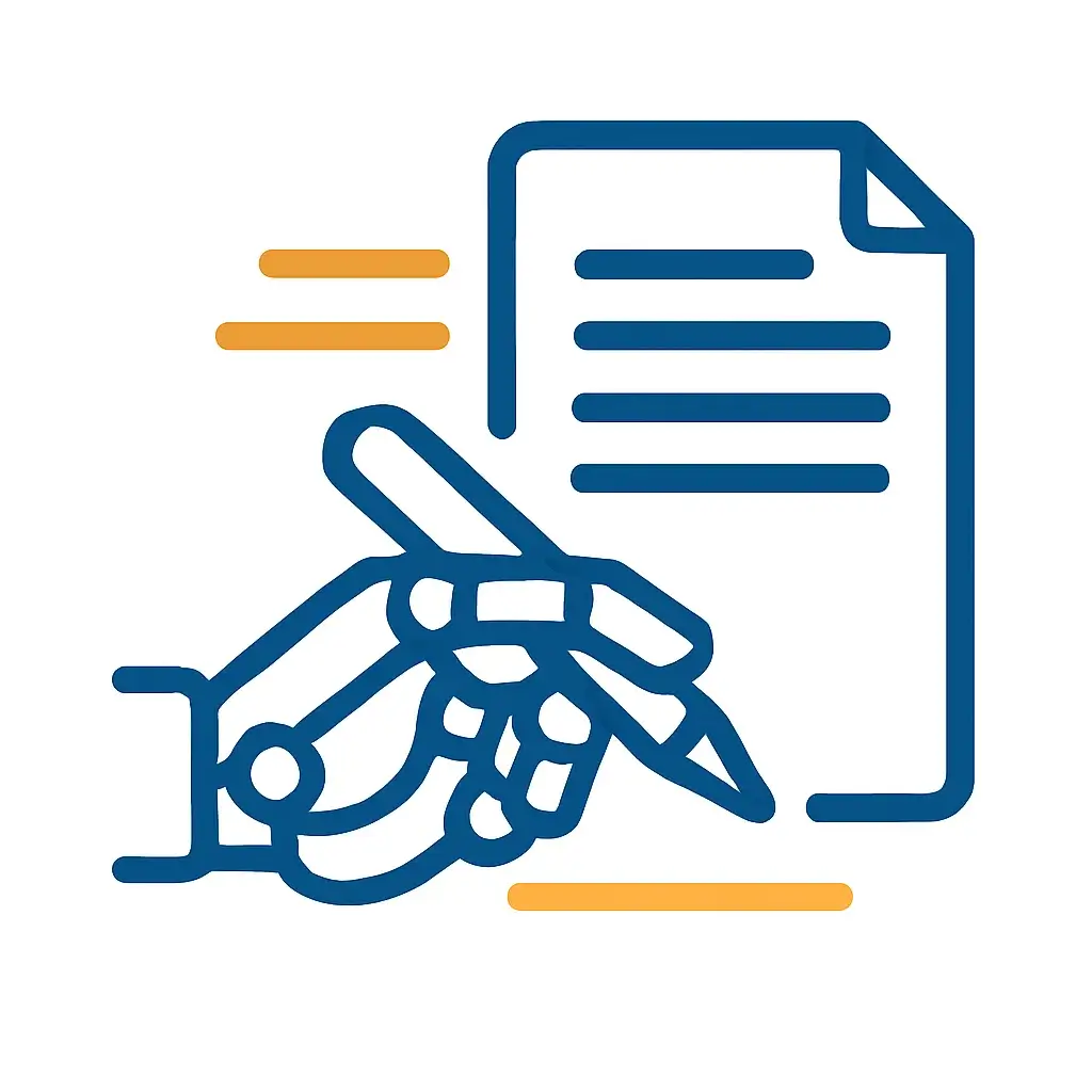 Step 2 of the AI writing workflow: An icon of a robotic hand writing, representing the AI-assisted first draft.