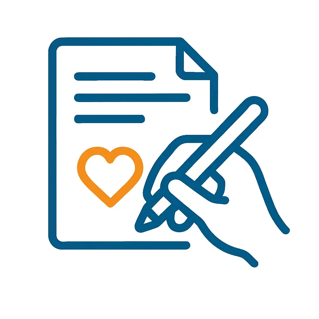 Step 3 of the AI writing workflow: An icon of a human hand editing a document, representing the addition of personal voice and experience.
