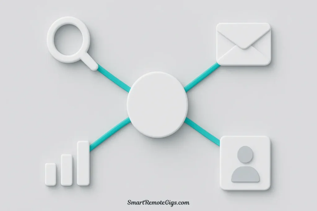 A 3D illustration showing a central hub connecting multiple outreach functions like email finding, sending, and CRM tracking into one cohesive system.