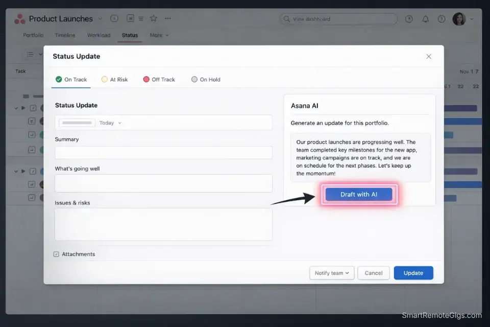 Screenshot of Asana AI generating automated project status updates and visual timelines for remote cross-functional teams.