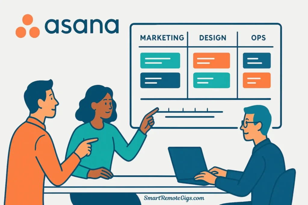 A project manager leads a diverse, cross-functional team using a user-friendly Asana board, highlighting its versatility for marketing and operations.