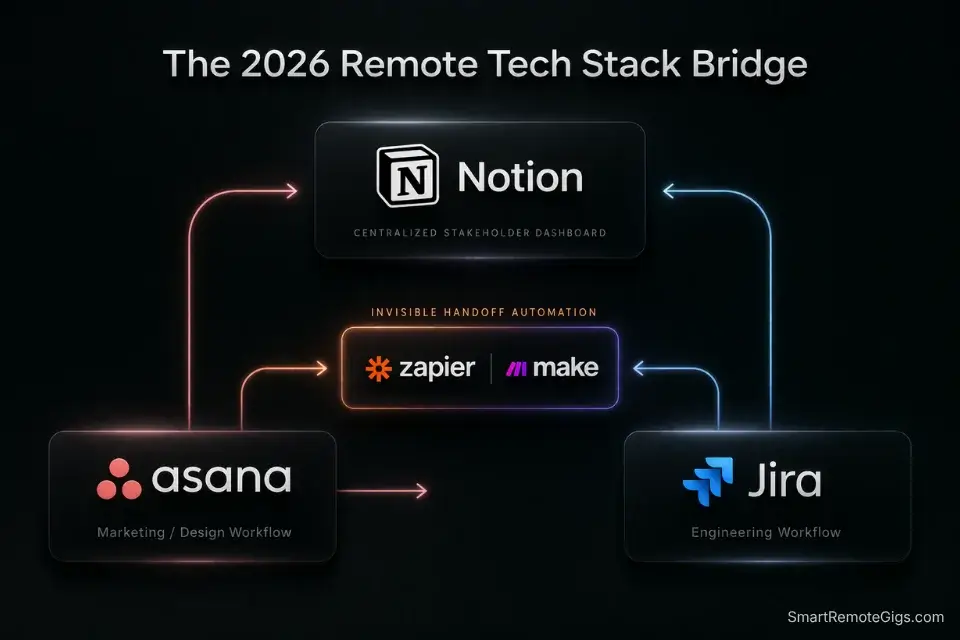 Architectural diagram showing how to integrate Asana, Jira, Zapier, and Notion into a unified dashboard for global remote teams.
