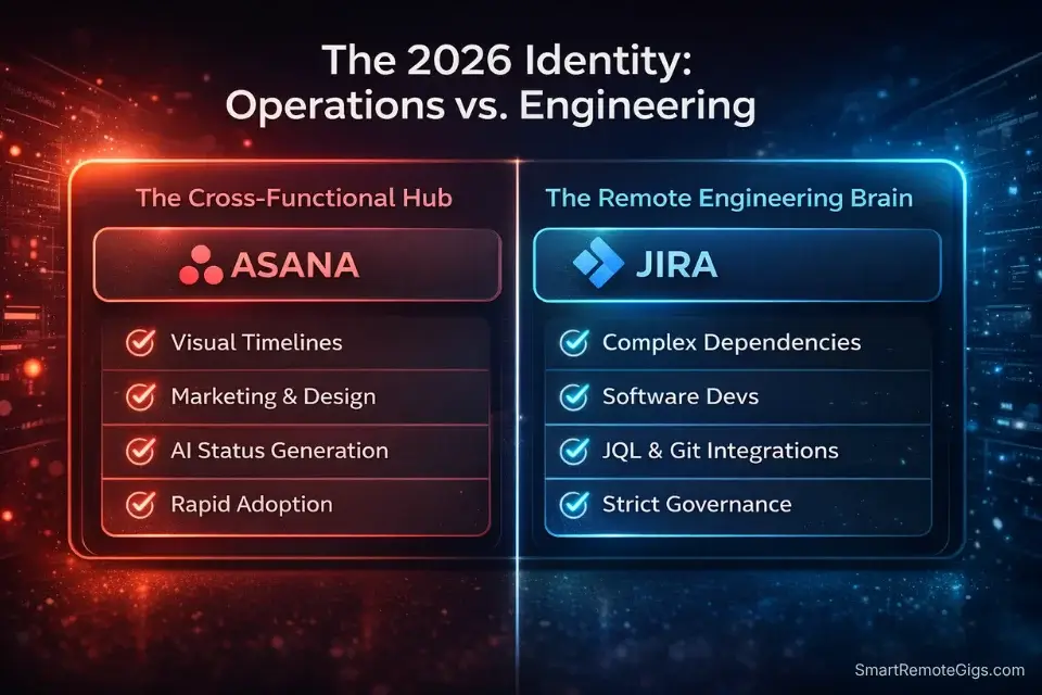 Infographic comparing Asana's cross-functional team features with Jira's remote engineering capabilities.