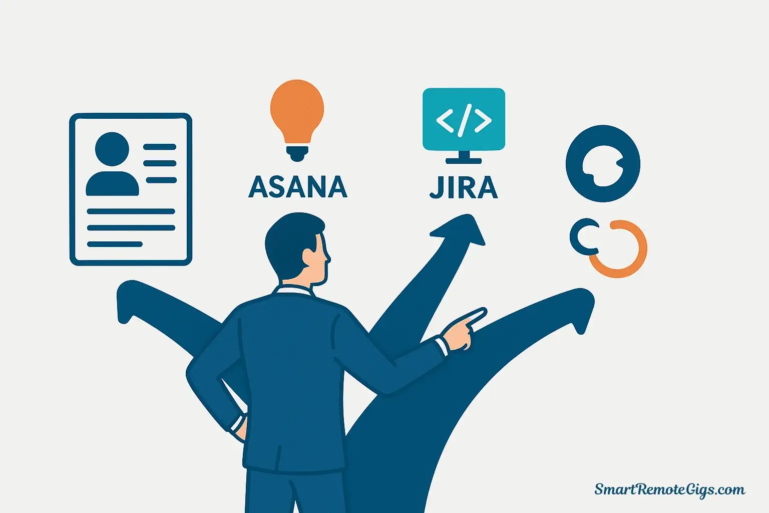 A project manager choosing between two career paths on their resume: one for Asana (generalist PM) and one for Jira (technical PM).