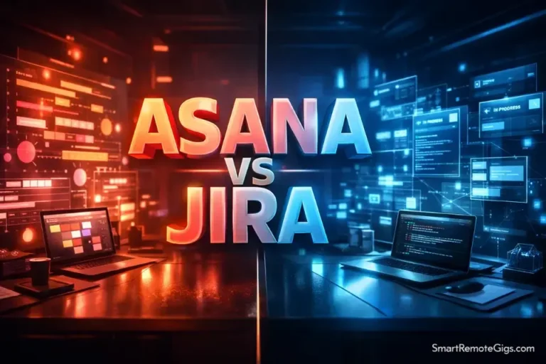 3D cinematic illustration comparing Asana vs Jira for remote project management teams.