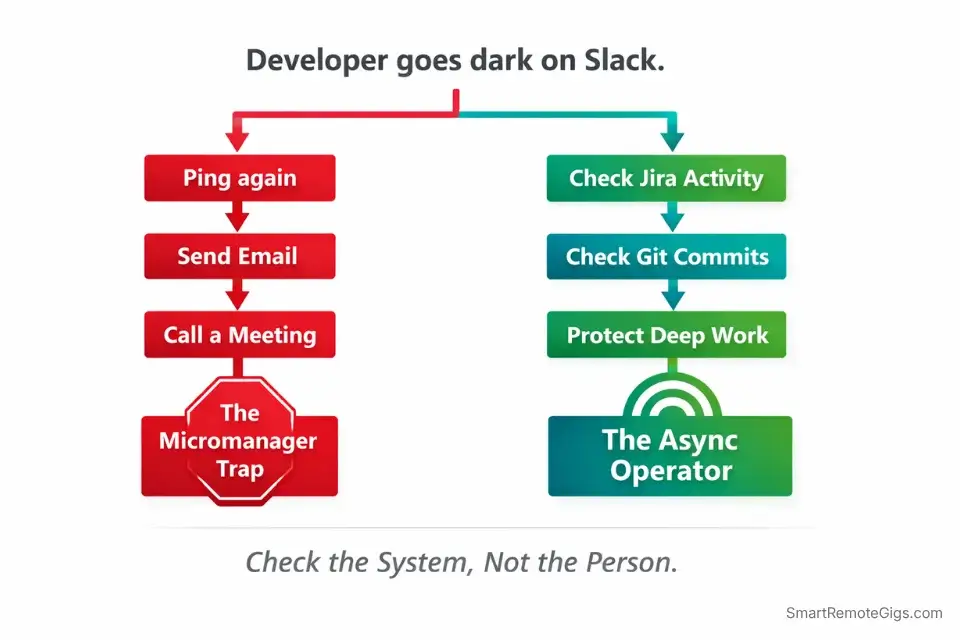 Decision tree infographic showing the correct asynchronous conflict resolution framework for a remote project manager interview.