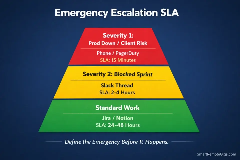Infographic matrix showing an asynchronous escalation protocol and Service Level Agreements (SLAs) for distributed remote teams.