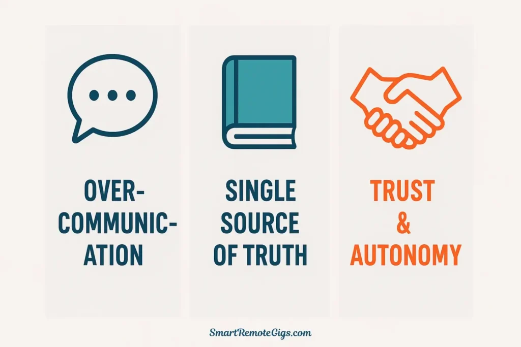 An infographic showing the three pillars of asynchronous management: Over-Communication (speech bubble), Single Source of Truth (documentation), and Trust & Autonomy (handshake).