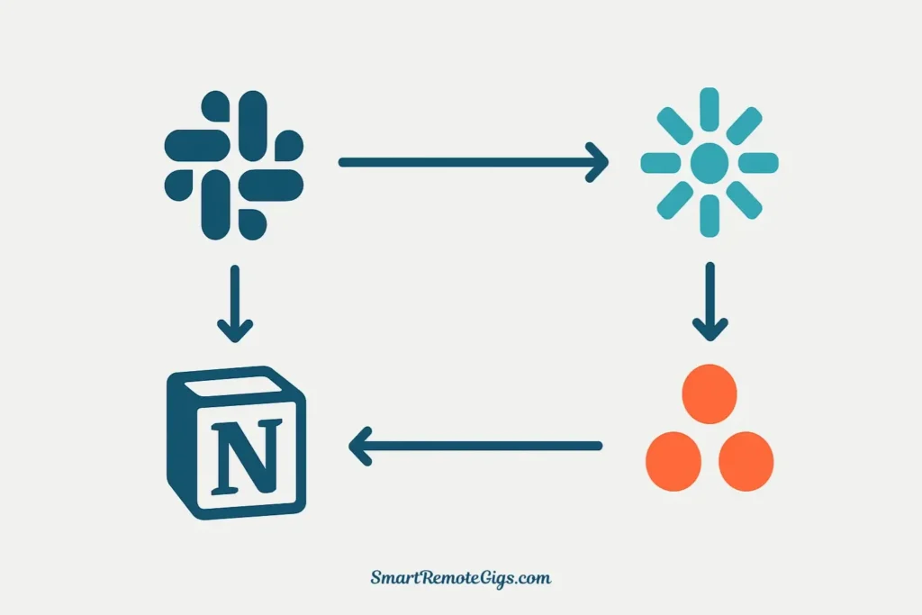 The essential async tool stack for remote teams, featuring icons for Slack (communication), Loom (video), Asana (tasks), and Notion (documentation).