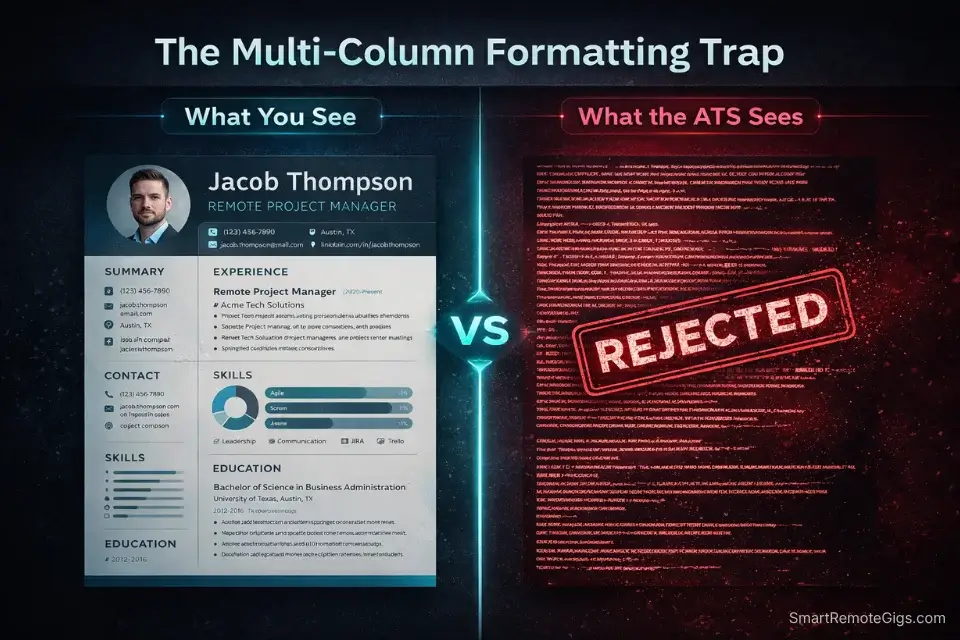 Infographic comparing a highly designed multi-column resume with the scrambled, broken text an Applicant Tracking System actually reads.
