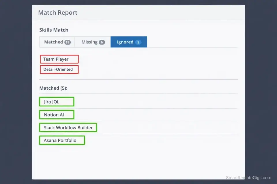 Screenshot of an ATS keyword scanner highlighting specific remote tech stack tools like Jira and Asana while ignoring generic soft skills.