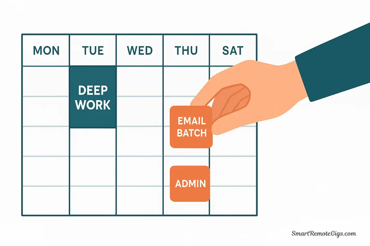 A vector illustration of a calendar with large deep work blocks already in place, showing smaller blocks for 'Email Batch' and 'Admin' being added to the afternoon.