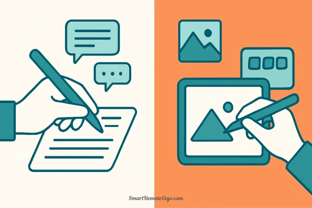 A split-screen vector illustration showing the content creation batch: on the left, a hand writing captions, and on the right, a hand designing graphics on a tablet.