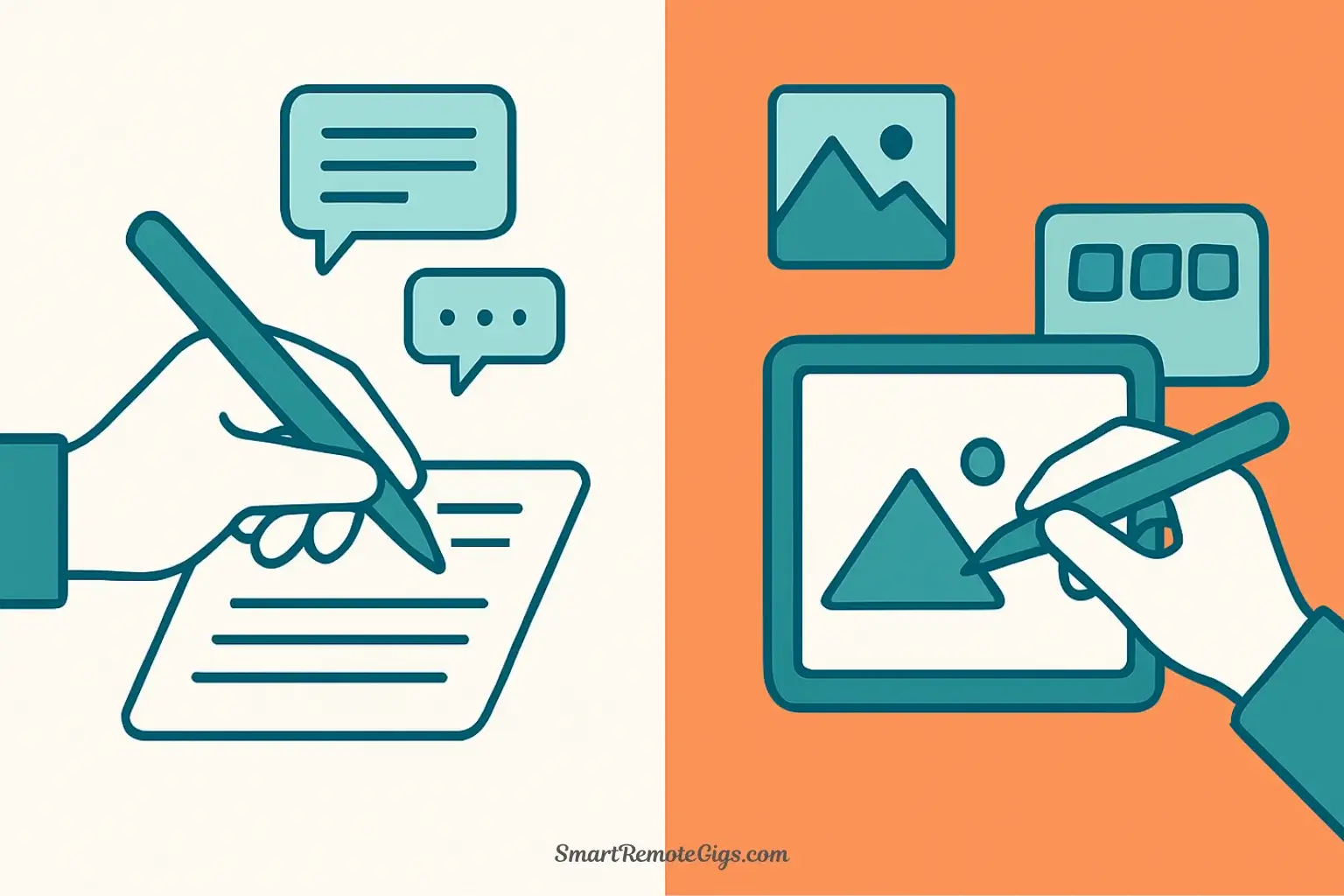 A split-screen vector illustration showing the content creation batch: on the left, a hand writing captions, and on the right, a hand designing graphics on a tablet.
