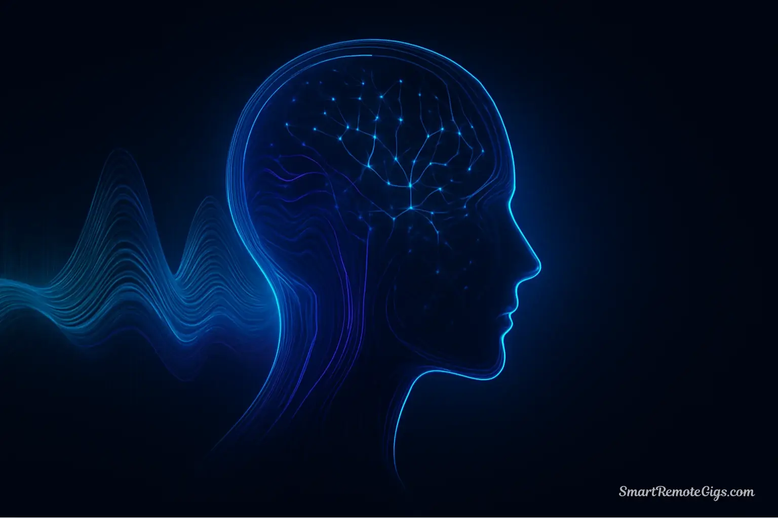 A futuristic illustration of a human profile composed of glowing soundwaves and digital nodes, representing the best AI voice generators.
