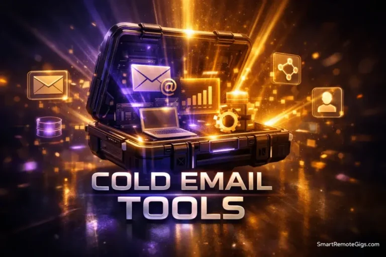A futuristic digital toolkit glowing with purple and gold light, representing the best cold email tools for freelancers.