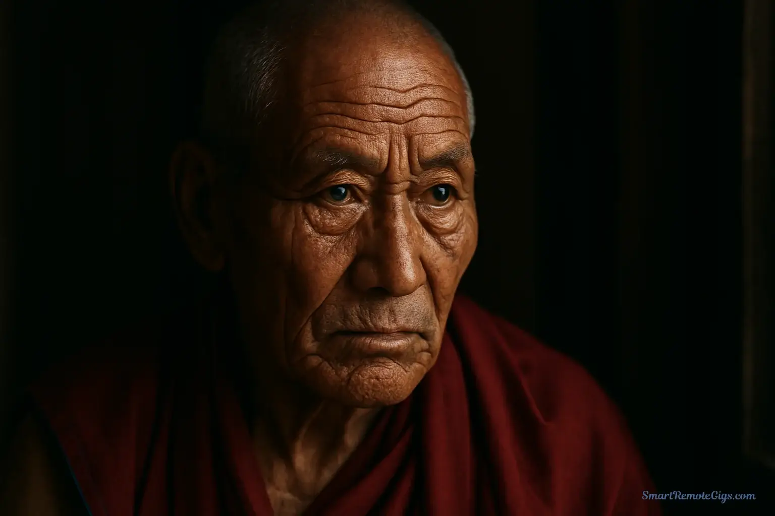 An ultra-photorealistic portrait of an elderly monk created with Midjourney, showcasing the quality of the best photorealistic prompts.