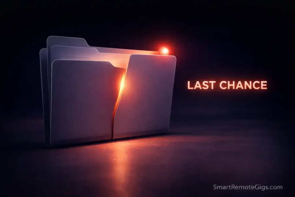 A digital file folder closing with a red notification light, symbolizing the urgency created by a breakup email.