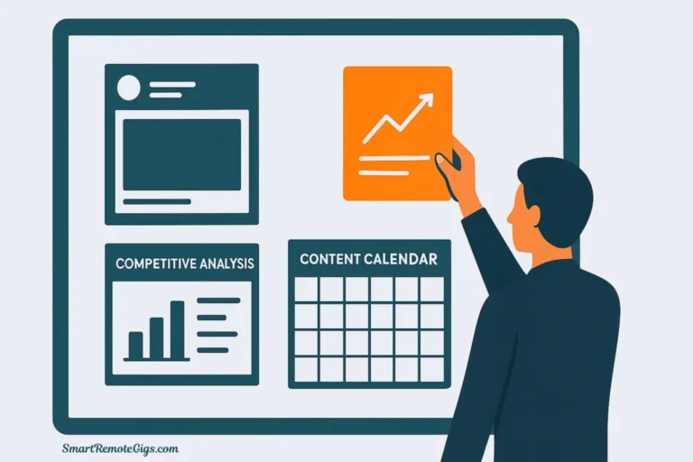 An illustration of a person constructing a professional portfolio by arranging project pieces like a mini-campaign, a competitive analysis, and a content calendar.