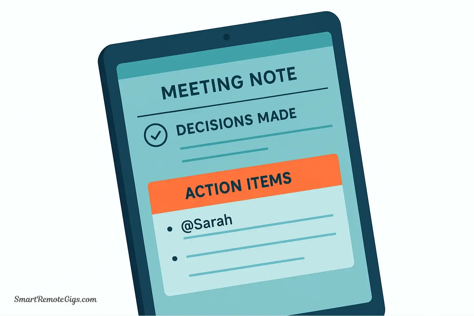 Illustration of a structured digital meeting note, clearly showing sections for Decisions Made and Action Items with owners and deadlines.