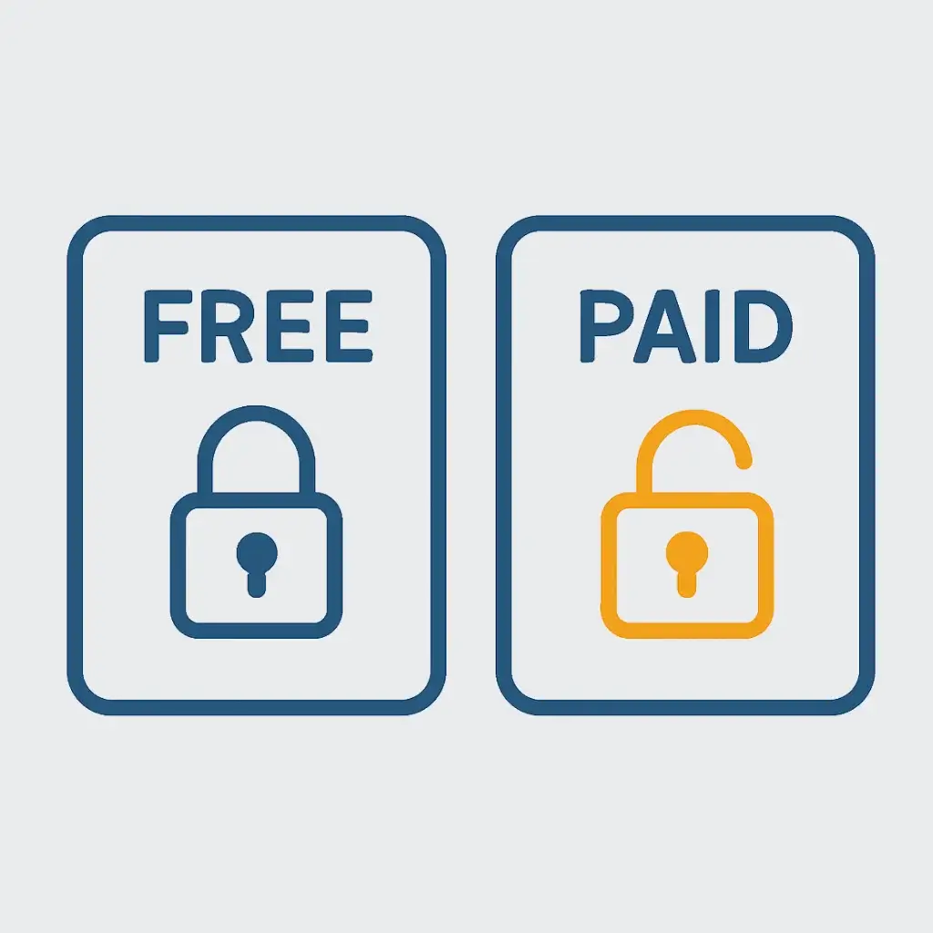 Step 4 for checking AI tool safety: An icon comparing 'Free' and 'Paid' tiers with padlock symbols, representing checking for tier-specific differences in the ToS.
