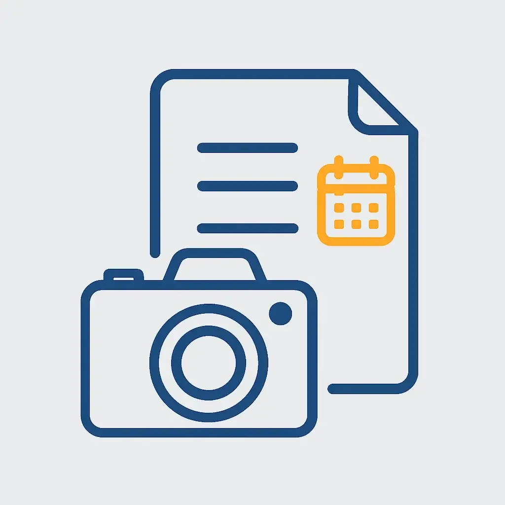 Step 5 for checking AI tool safety: An icon of a camera capturing a dated document, representing the process of documenting the Terms of Service.